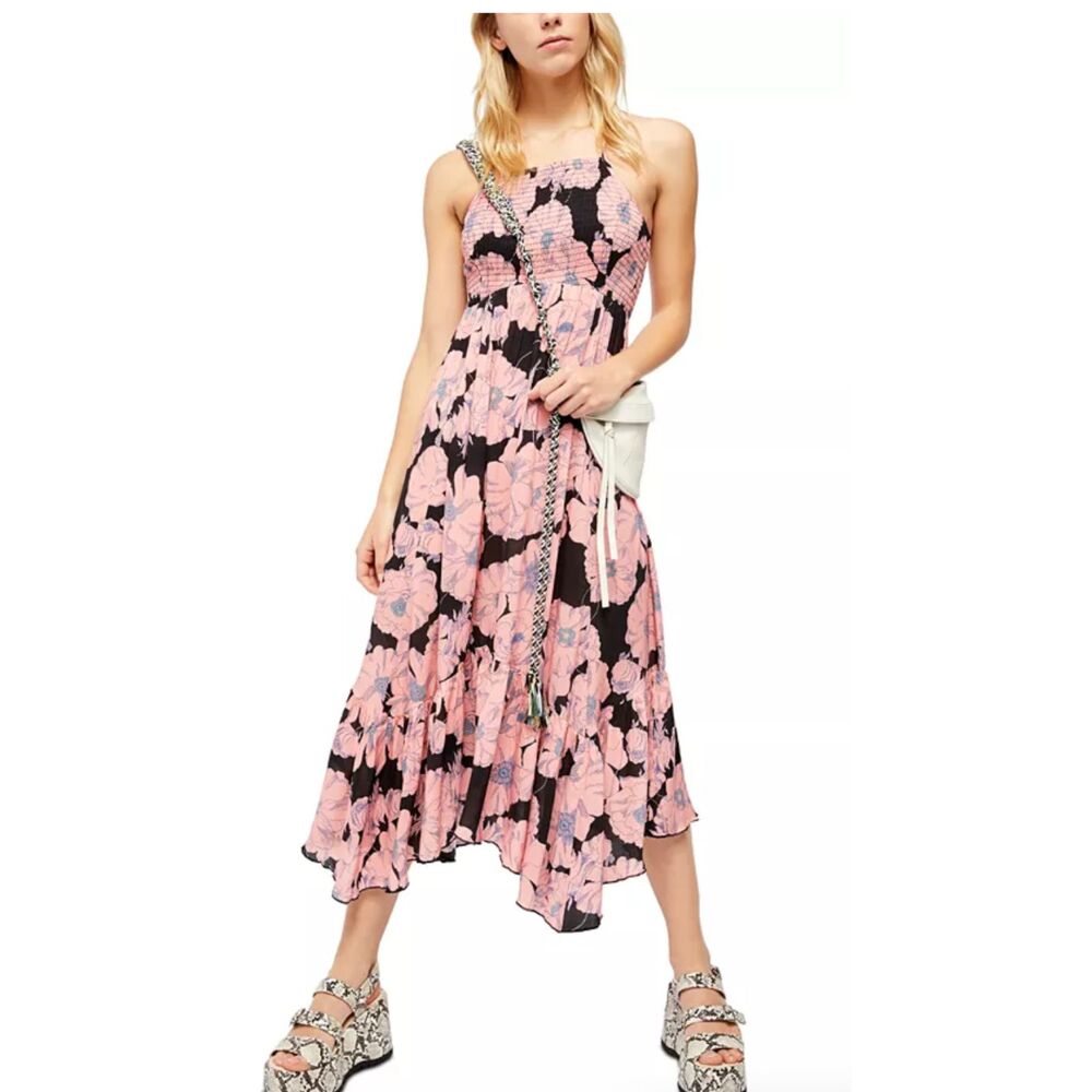 FREE PEOPLE Heatwave Printed  Floral Pink and Black Ruched Maxi Dress Xsmall